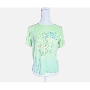 Vintage 70s Dinosaur Graphic Tee Mint Green Novelty T‎ Shirt Womens L Retro USA